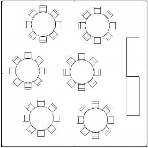 30x30 seating 50-60 guests and buffet or head table