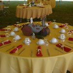 Buffet style table with Unique Centerpiece using old childrens toys set on table and rope napkin rings
