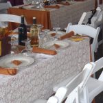 Elegant Victorian Railroad themed table setting with Diplomat china and white party chairs